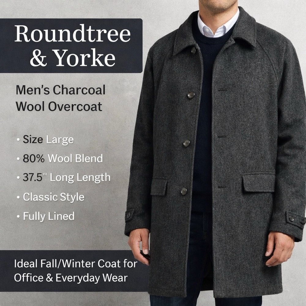 Roundtree & Yorke Men’s Wool Blend Overcoat Size Large Charcoal Black Winterwear
